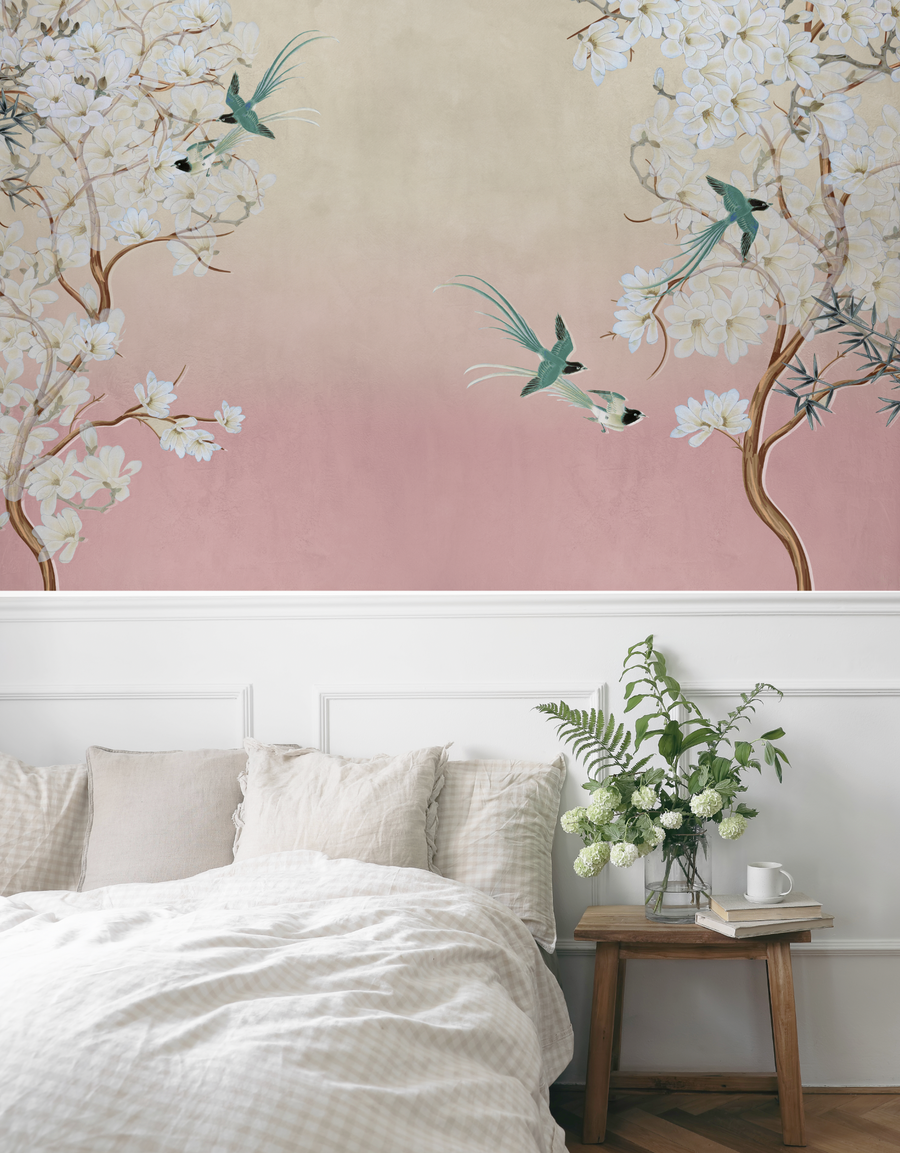 Chinoiserie in Spring in Sunset Pink Wallpaper chinoiserie wallpaper — Olive et Oriel