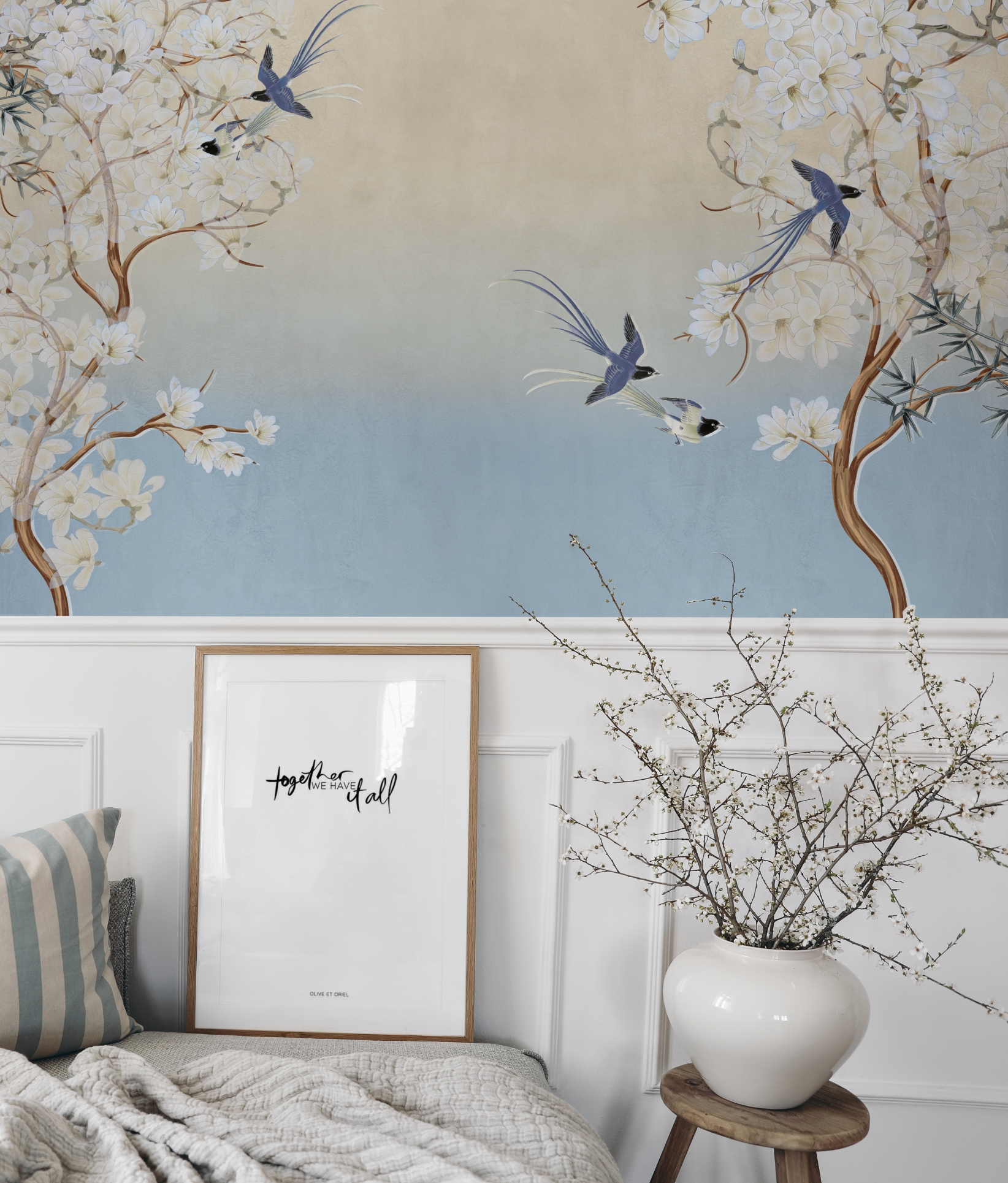 Chinoiserie in Spring in Blue Bird Wallpaper