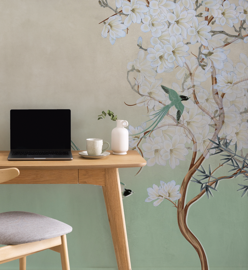 Chinoiserie in Spring in Sage Green Wallpaper