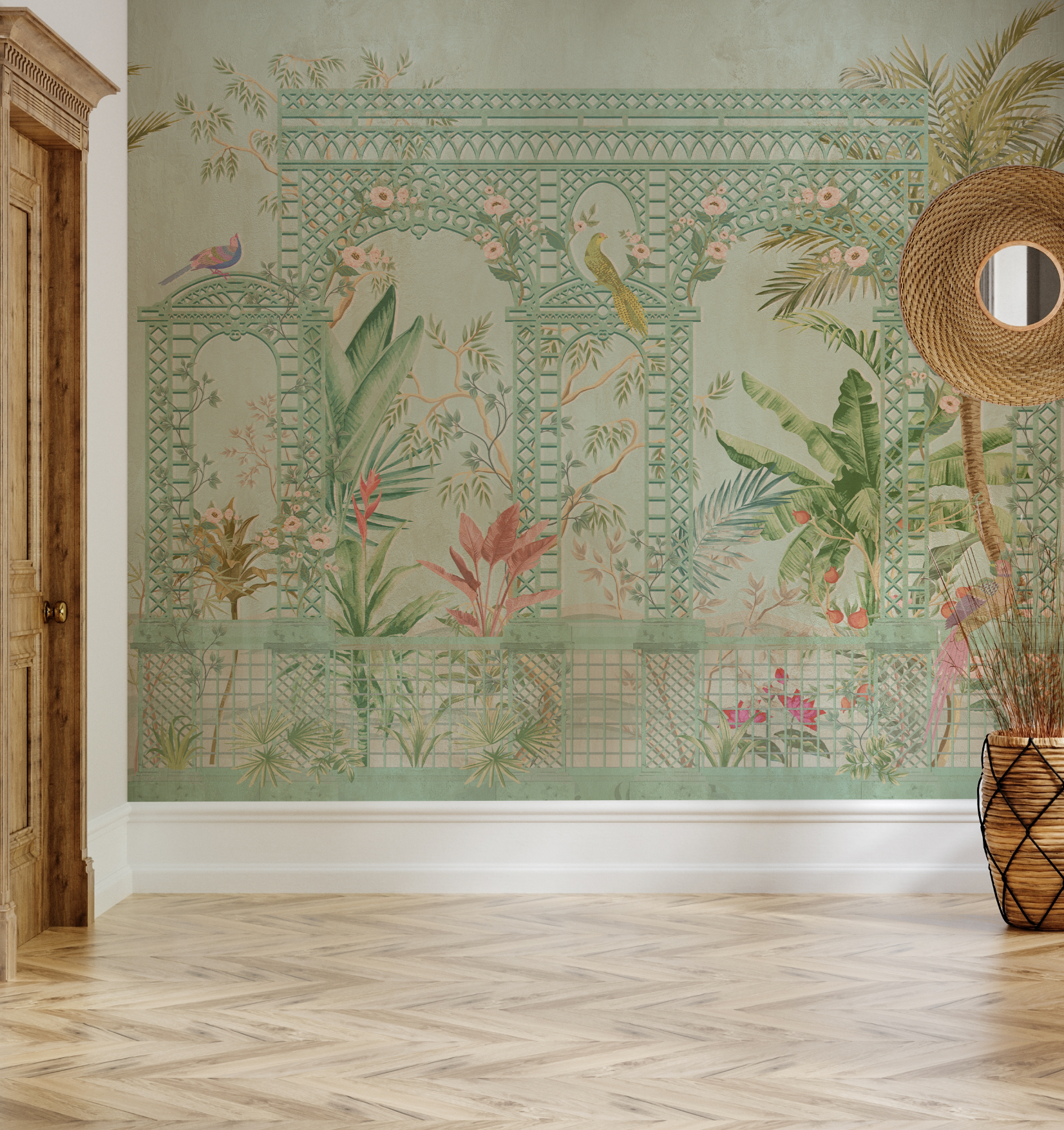 Chinoiserie Lattice in Sage Green Wallpaper