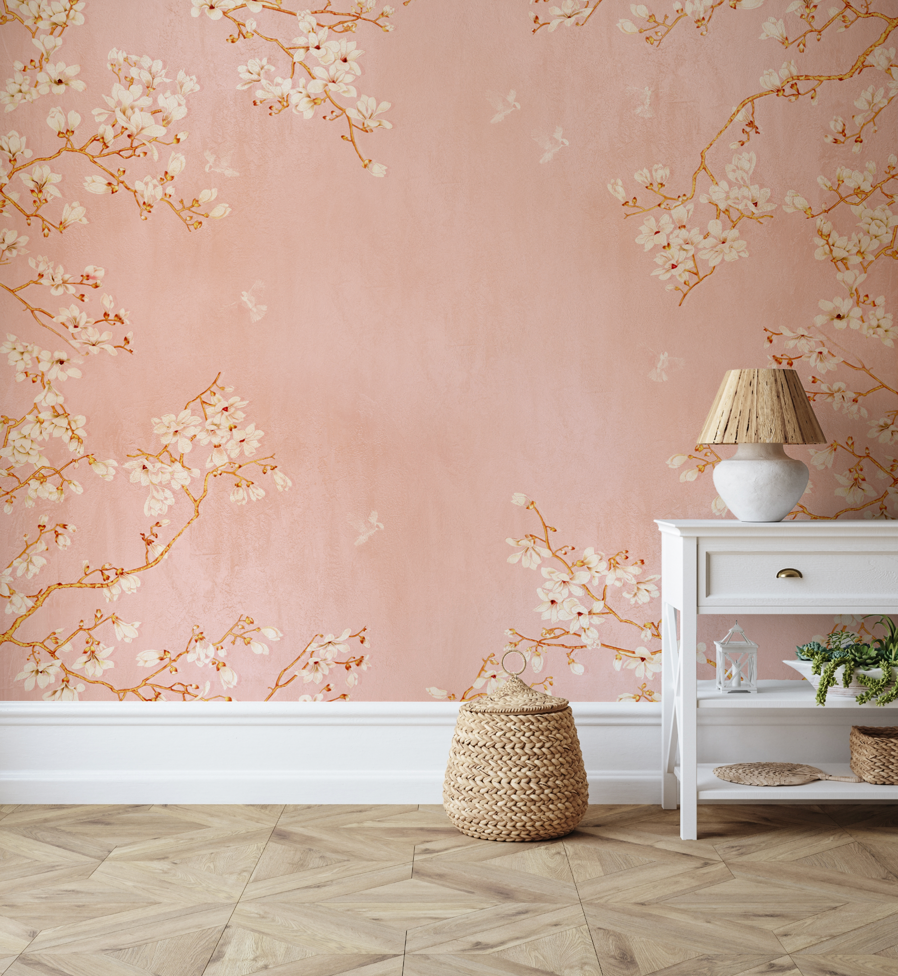 Chinoiserie Birds in Blossom in Peachy Pink Wallpaper