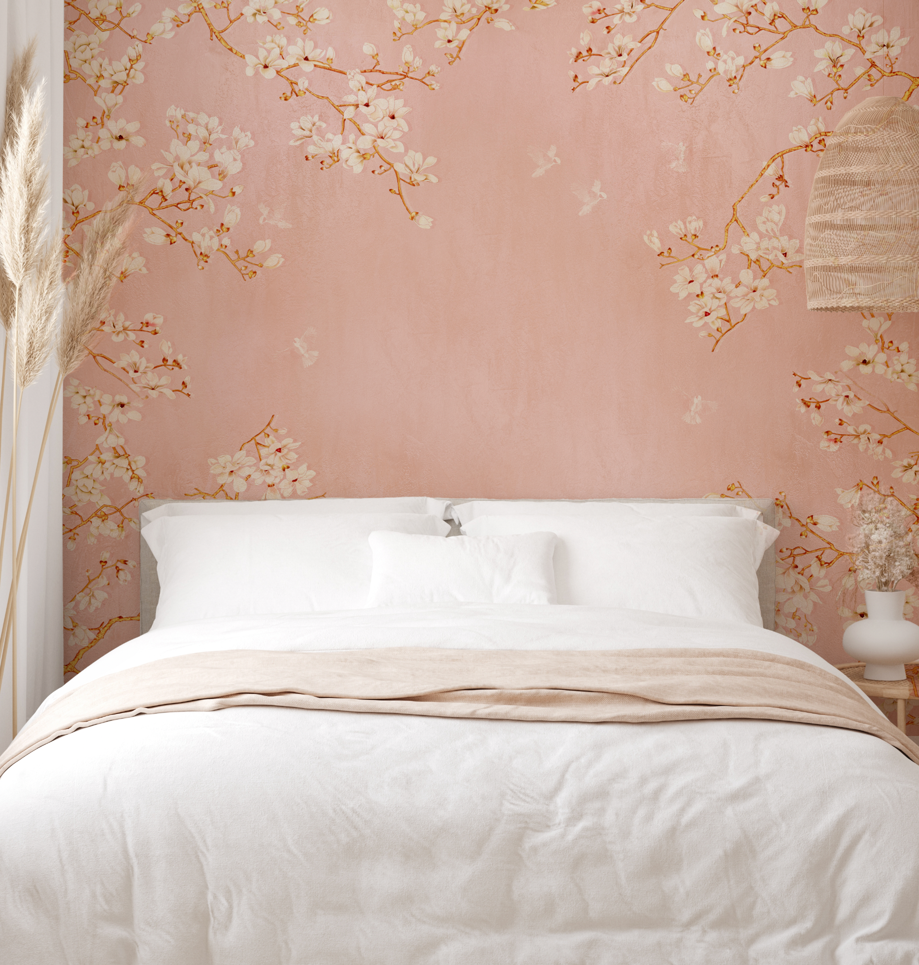 Chinoiserie Birds in Blossom in Peachy Pink Wallpaper