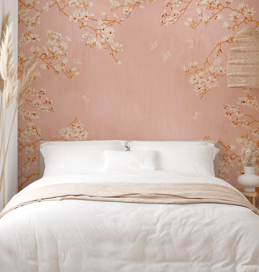 Chinoiserie Birds in Blossom in Peachy Pink Wallpaper chinoiserie wallpaper — Olive et Oriel