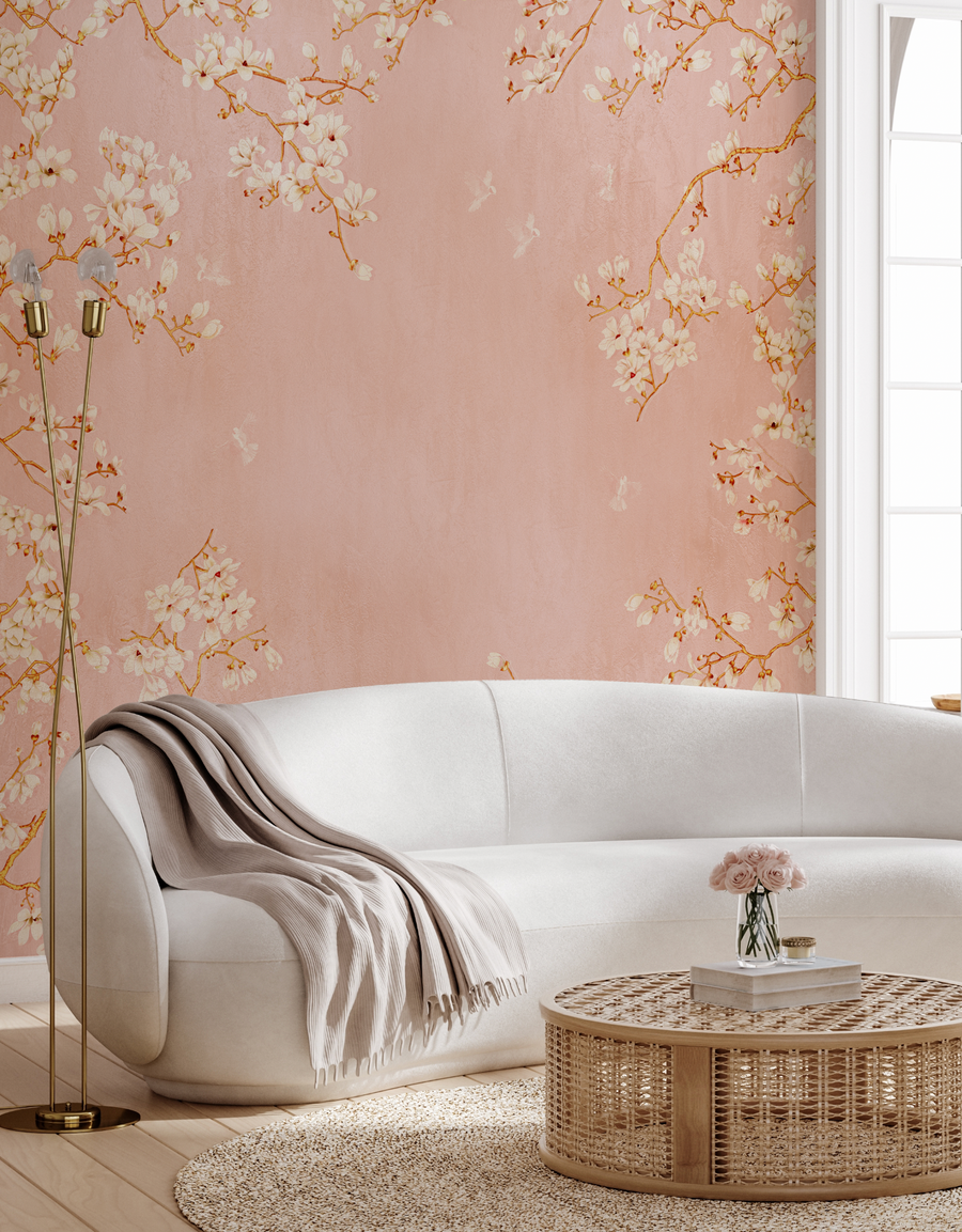 Chinoiserie Birds in Blossom in Peachy Pink Wallpaper chinoiserie wallpaper — Olive et Oriel