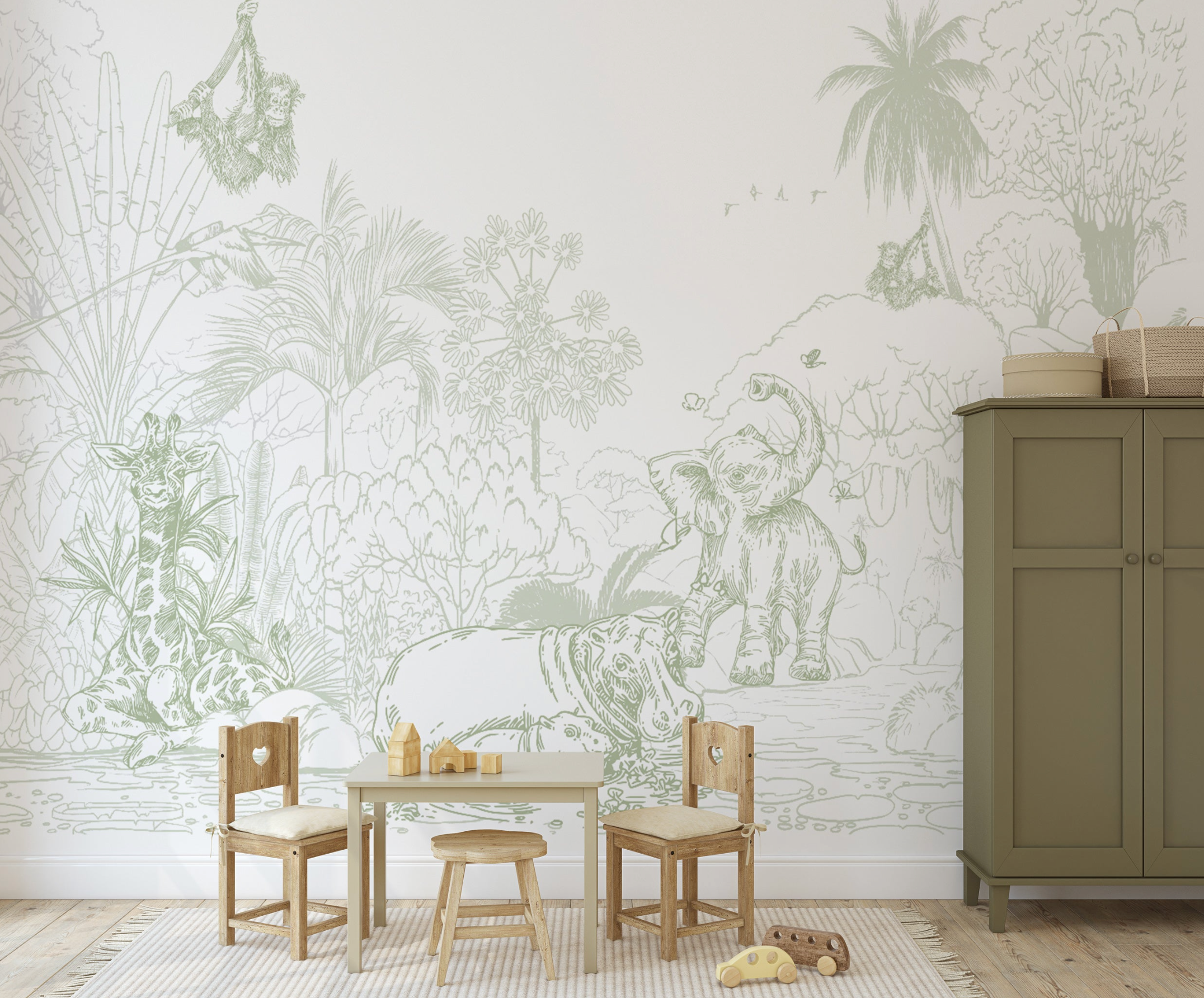 Jungle Babies Sage Green Wallpaper Mural