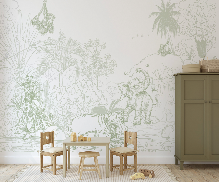 Jungle Babies Sage Green Wallpaper Mural from Olive et Oriel where you can shop wallpaper and artworks online