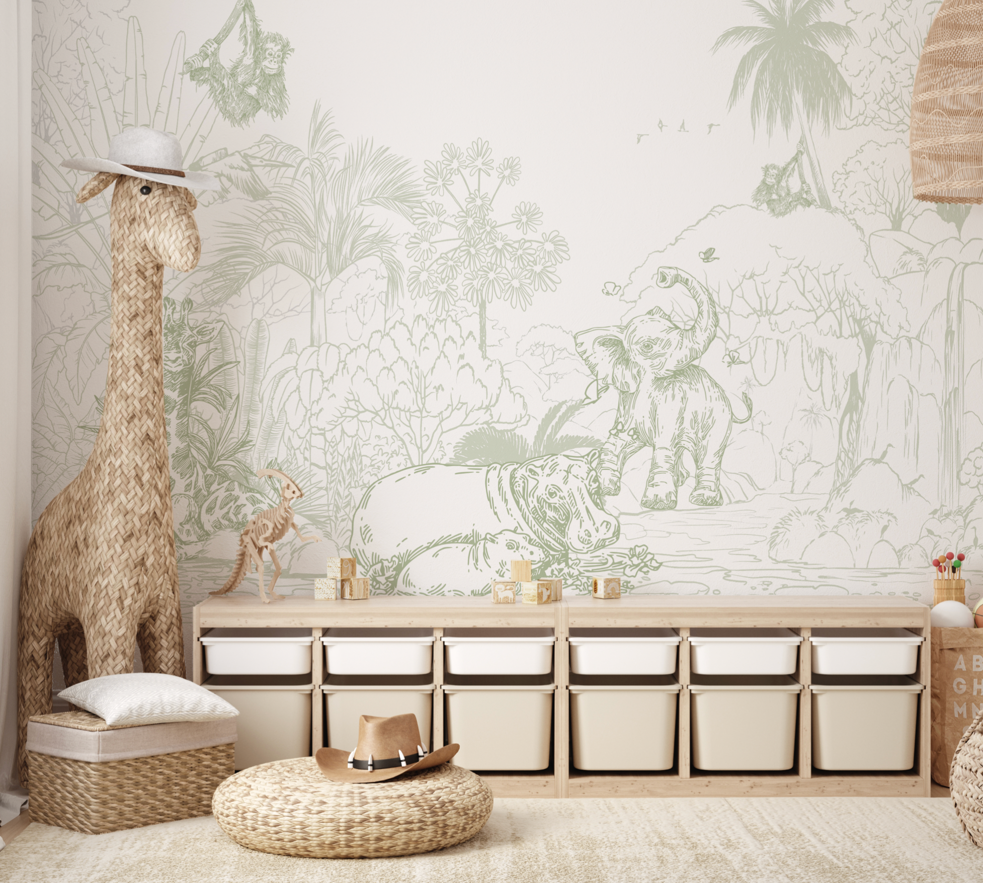 Jungle Babies Sage Green Wallpaper Mural