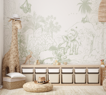 Jungle Babies Sage Green Wallpaper Mural from Olive et Oriel where you can shop wallpaper and artworks online