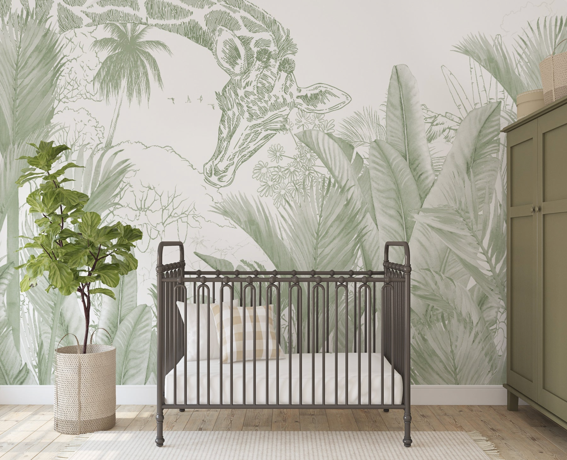 Giraffe Friends Sage Green Wallpaper Mural