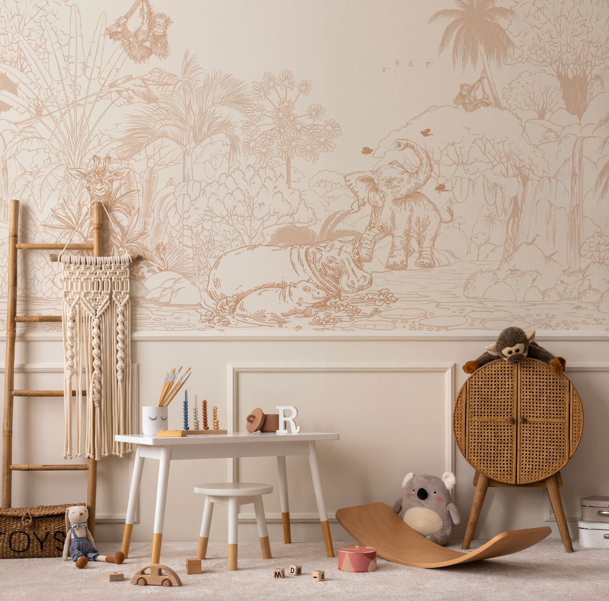 Jungle Babies Beige Wallpaper Mural from Olive et Oriel where you can shop wallpaper and artworks online