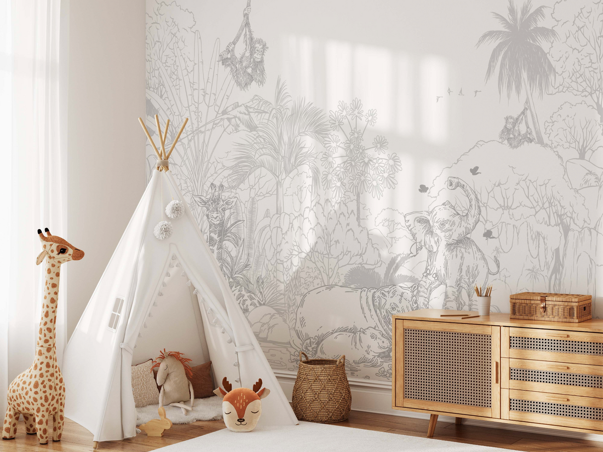 Jungle Babies in Grey Wallpaper Mural from Olive et Oriel where you can shop wallpaper and artworks online