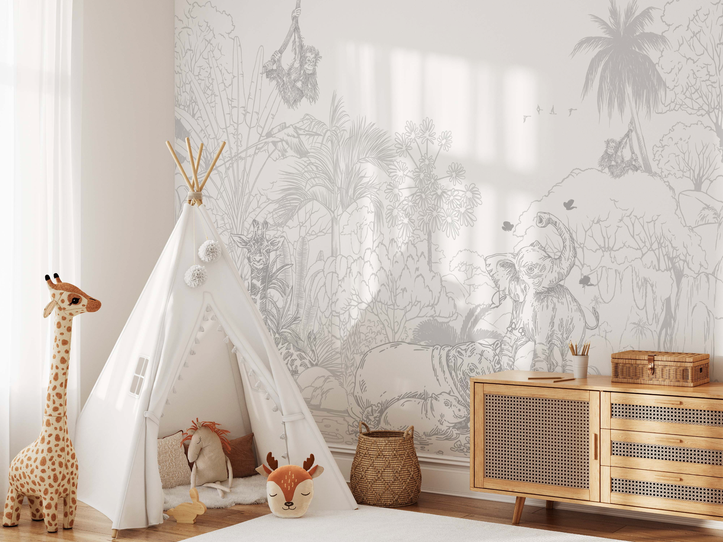 Jungle Babies in Grey Wallpaper Mural