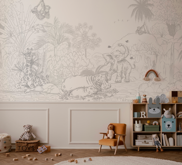 Jungle Babies in Grey Wallpaper Mural from Olive et Oriel where you can shop wallpaper and artworks online