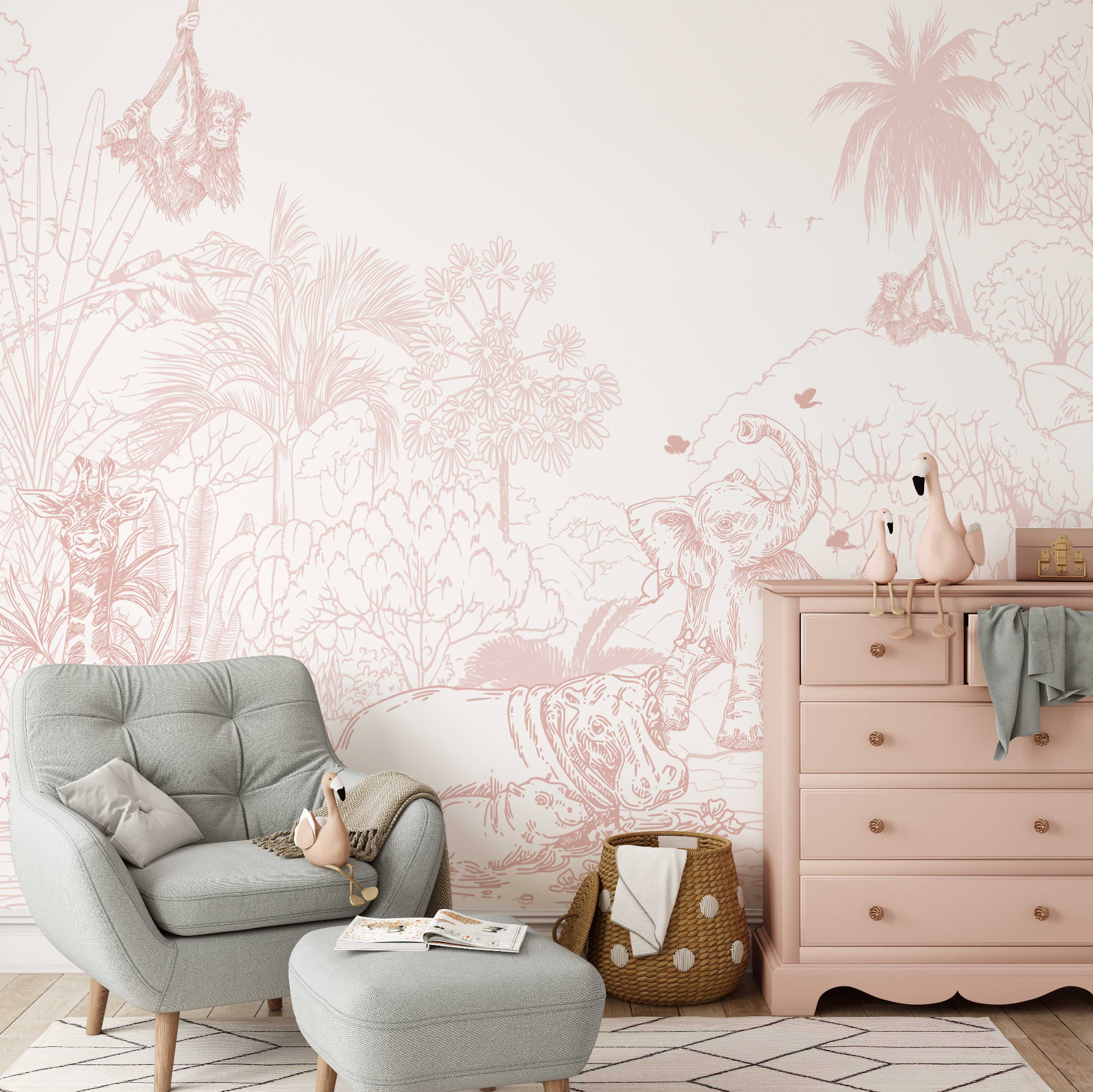 Jungle Babies in Pink Wallpaper Mural