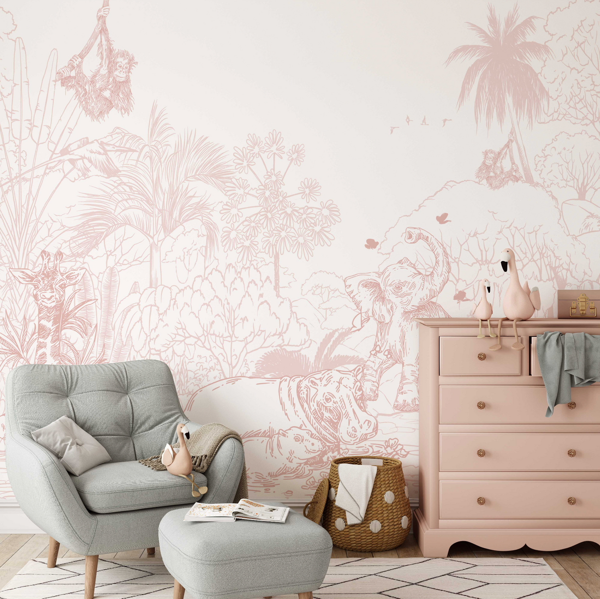Jungle Babies in Pink Wallpaper Mural from Olive et Oriel where you can shop wallpaper and artworks online