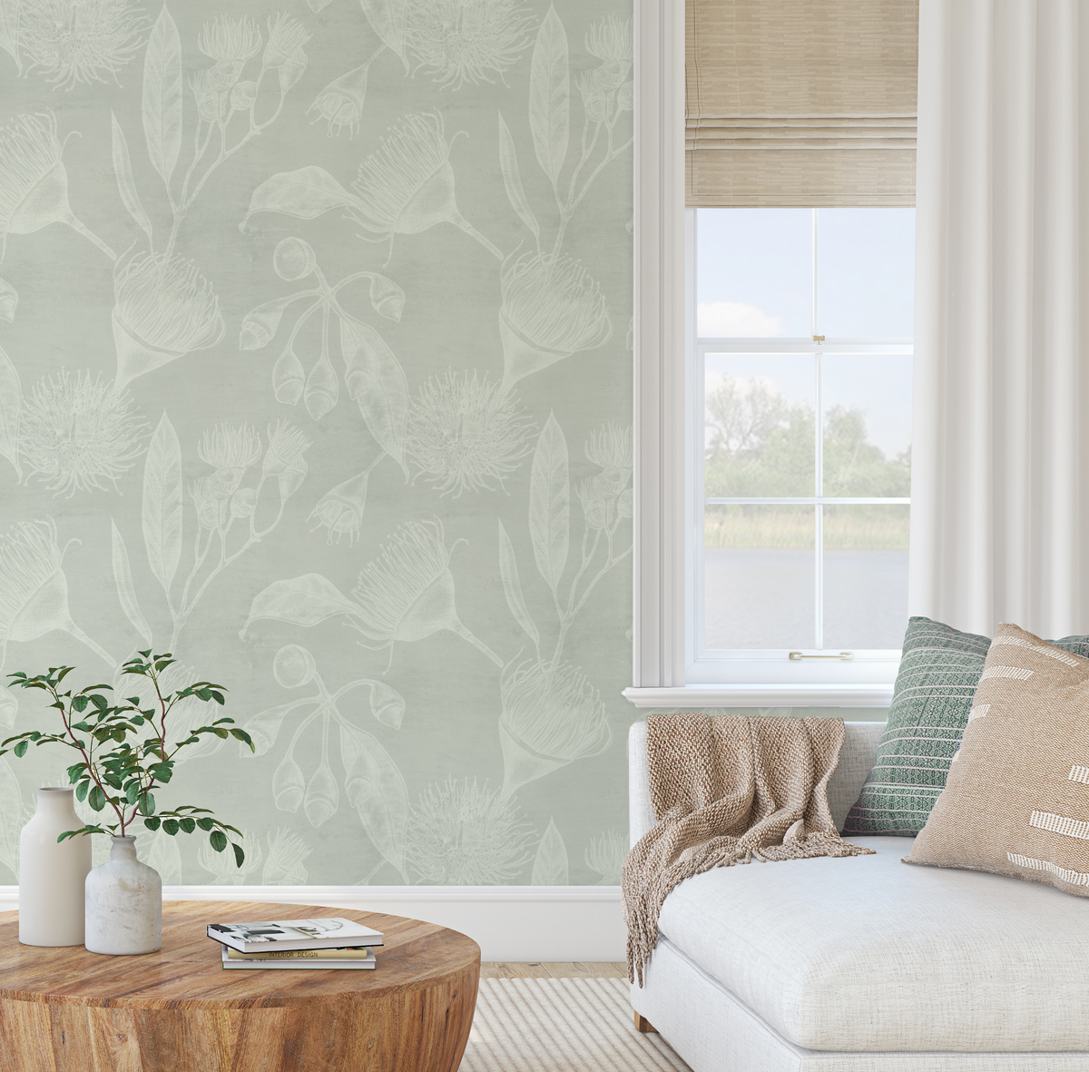 Flowering Gum in Sage Green Wallpaper from Olive et Oriel where you can shop wallpaper and artworks online