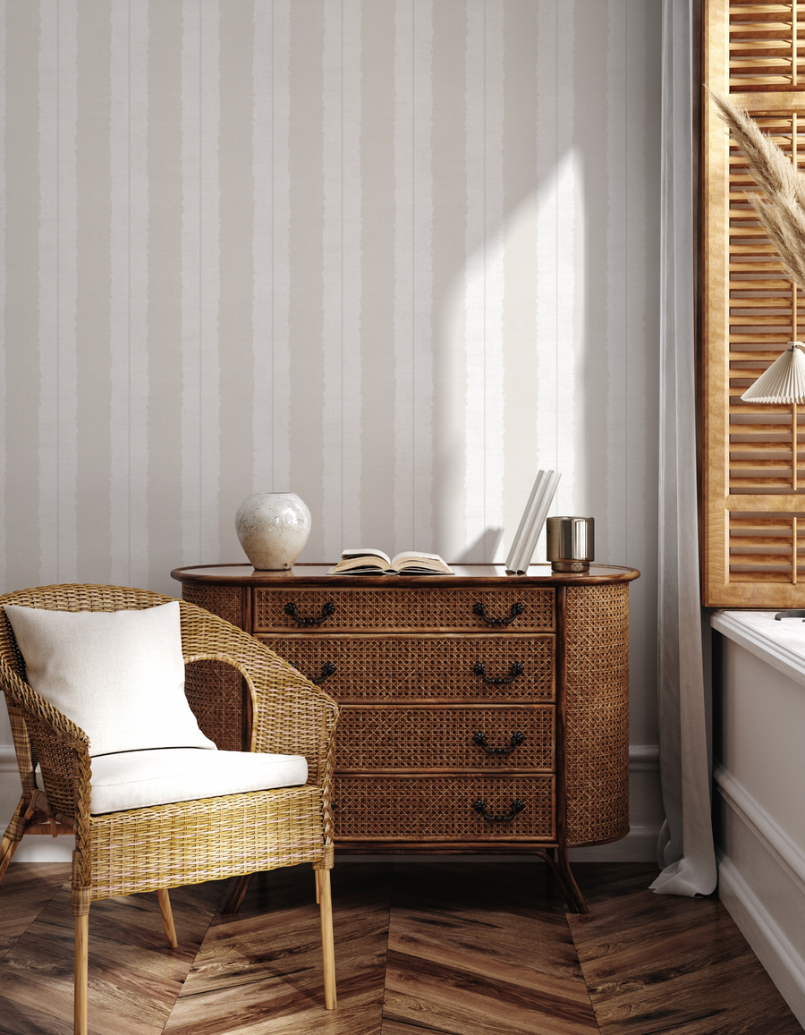 Painterly Stripes In Oatmeal Grey Wallpaper from Olive et Oriel where you can shop wallpaper and artworks online