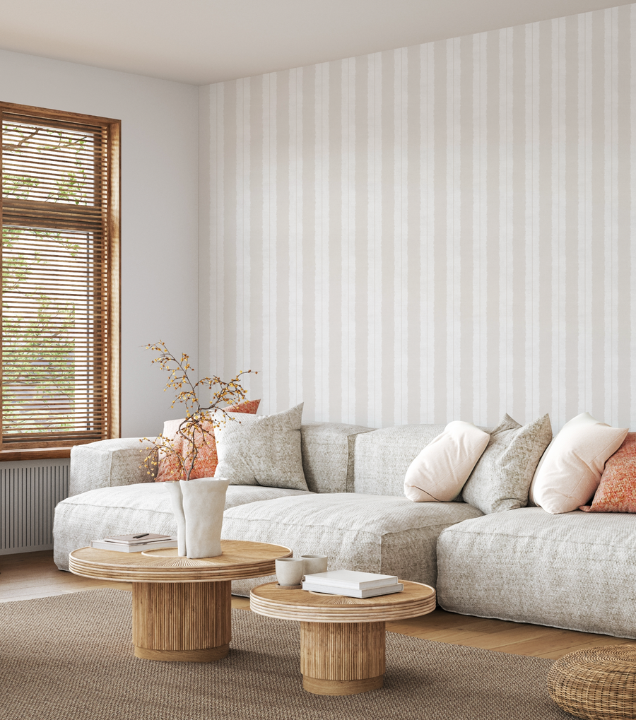 Painterly Stripes In Oatmeal Grey Wallpaper from Olive et Oriel where you can shop wallpaper and artworks online