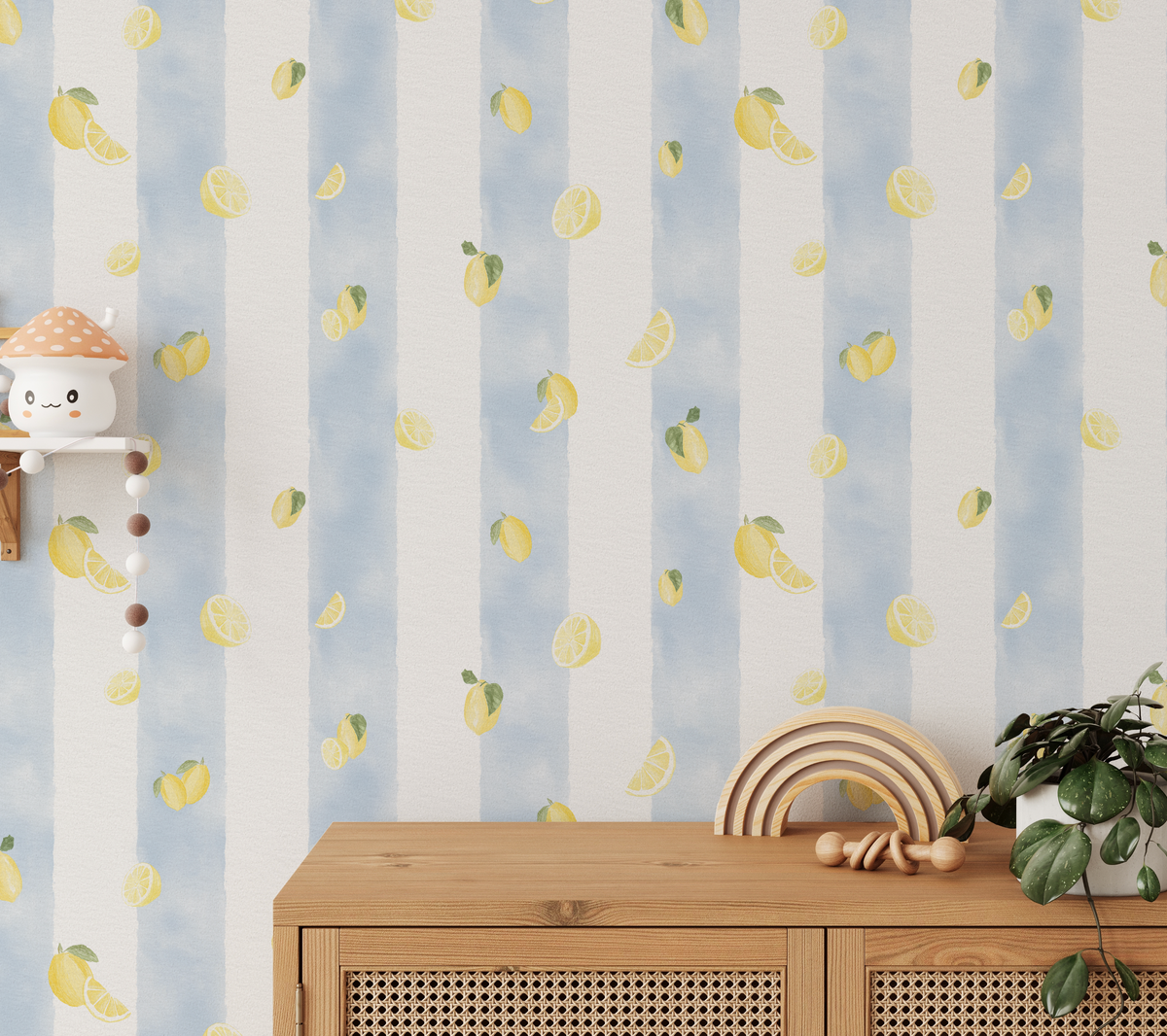Amalfi Lemon Stripes Wallpaper from Olive et Oriel where you can shop wallpaper and artworks online