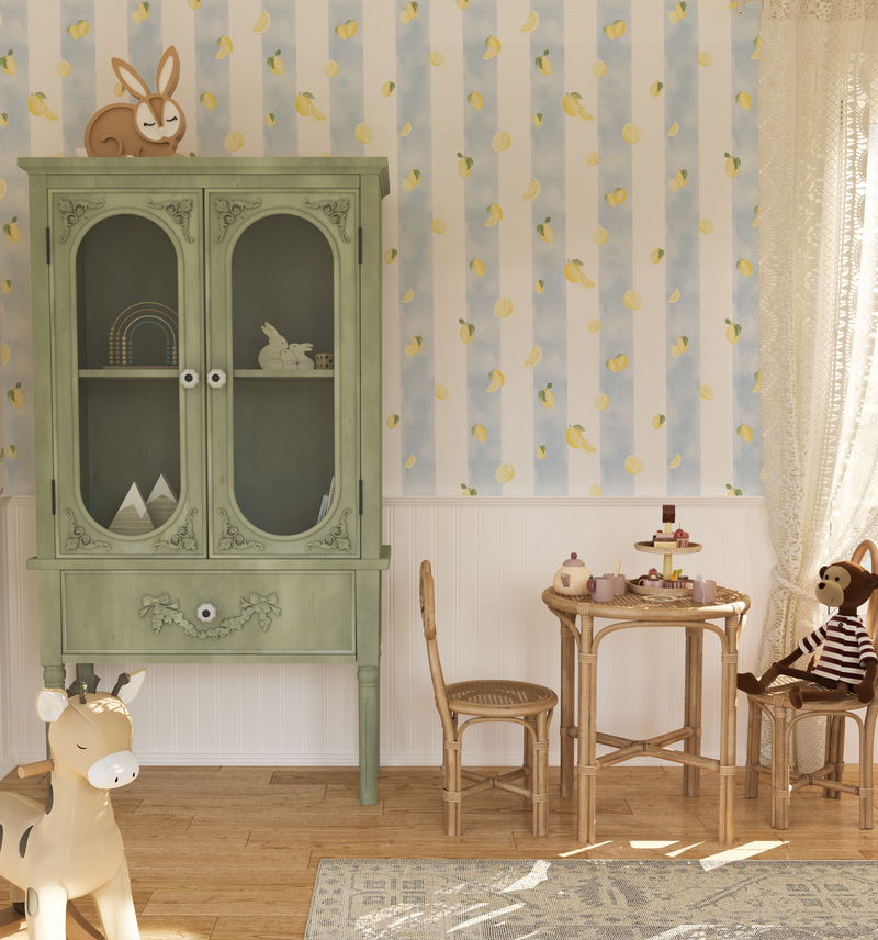 Amalfi Lemon Stripes Wallpaper from Olive et Oriel where you can shop wallpaper and artworks online