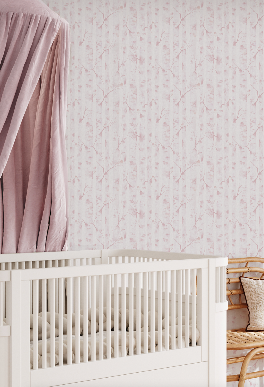 Woodland Birds in Soft Pink Wallpaper from Olive et Oriel where you can shop wallpaper and artworks online