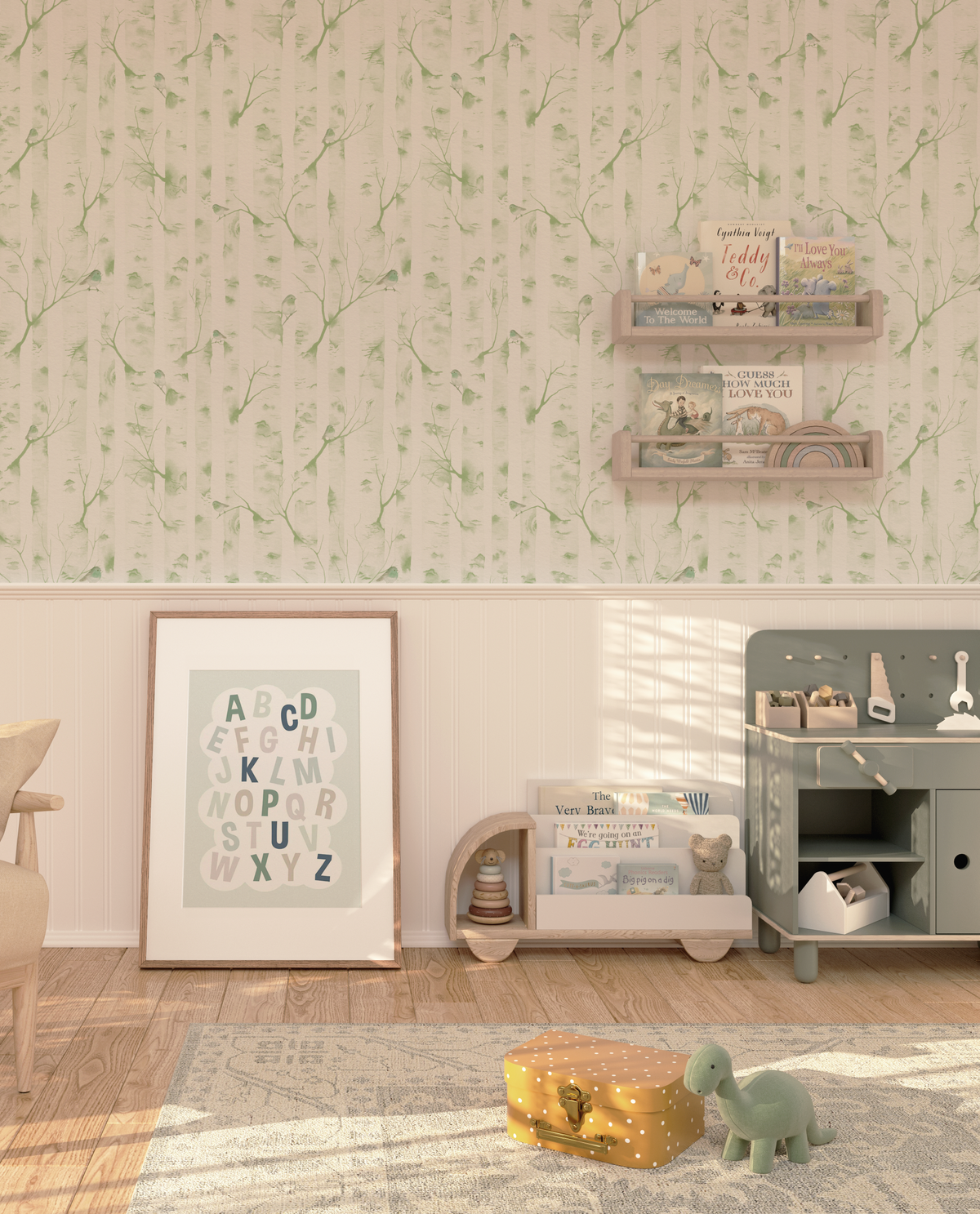 Woodland Birds in Sage Green Wallpaper from Olive et Oriel where you can shop wallpaper and artworks online
