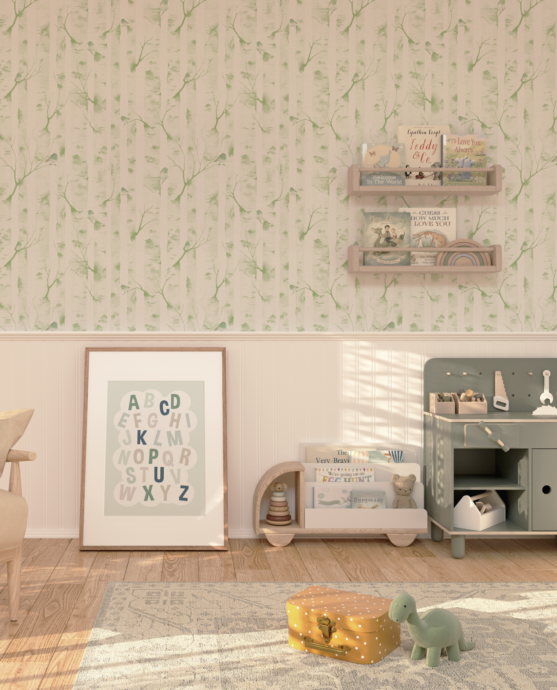 Woodland Birds in Sage Green Wallpaper