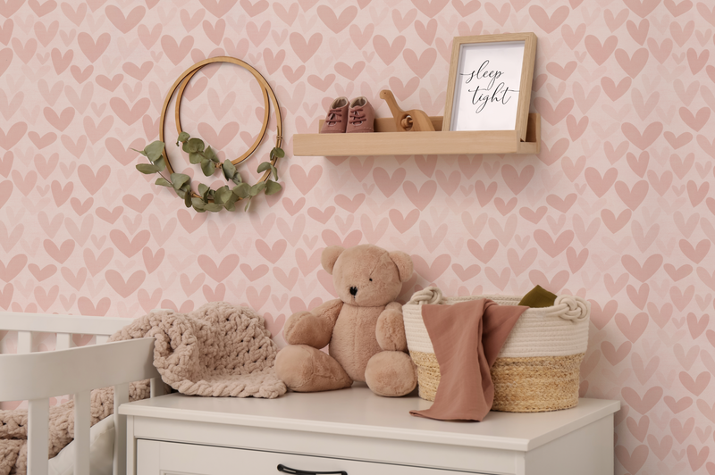 Love Heart in Soft Pink Wallpaper from Olive et Oriel where you can shop wallpaper and artworks online