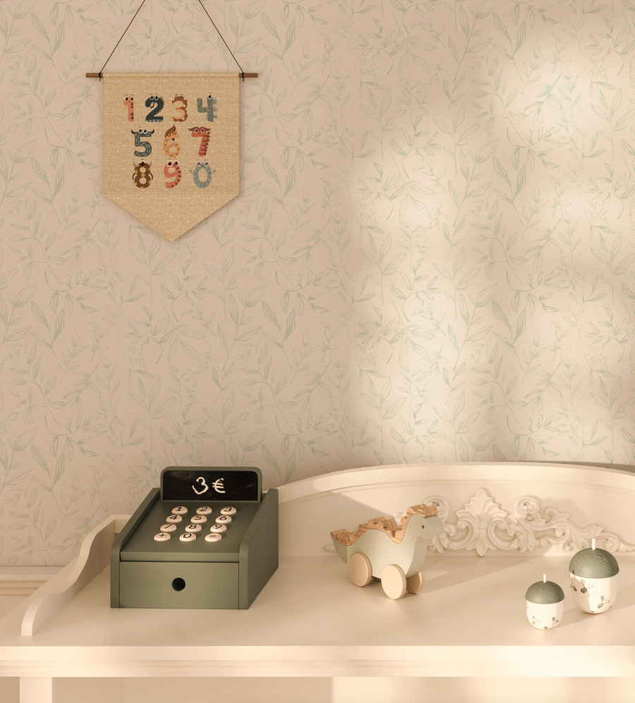 Falling Sketched Leaves in Sage Green Wallpaper from Olive et Oriel where you can shop wallpaper and artworks online