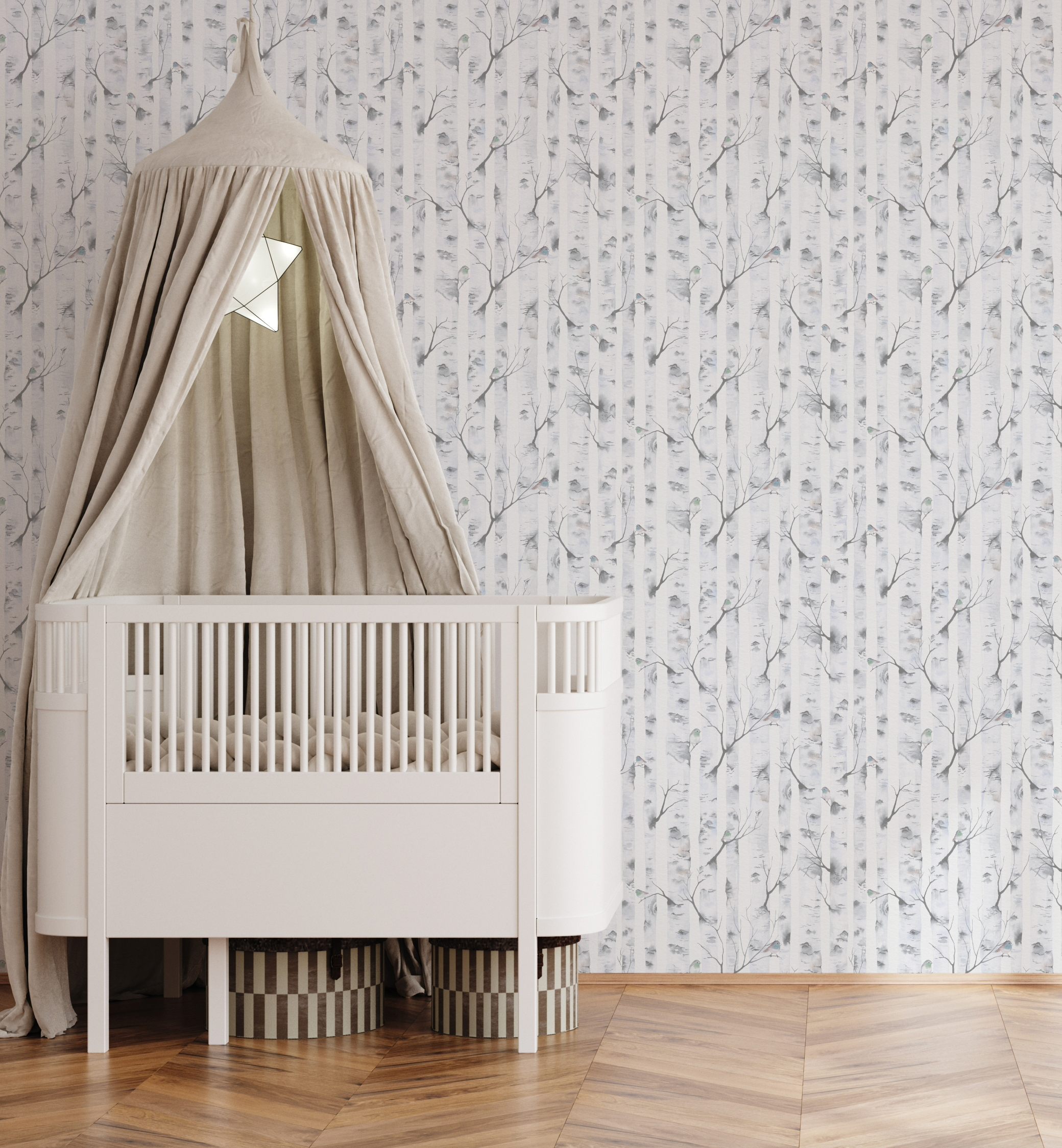 Woodland Birds in Blue Grey Wallpaper