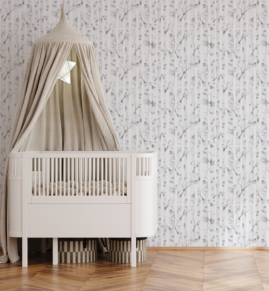 Woodland Birds in Blue Grey Wallpaper from Olive et Oriel where you can shop wallpaper and artworks online