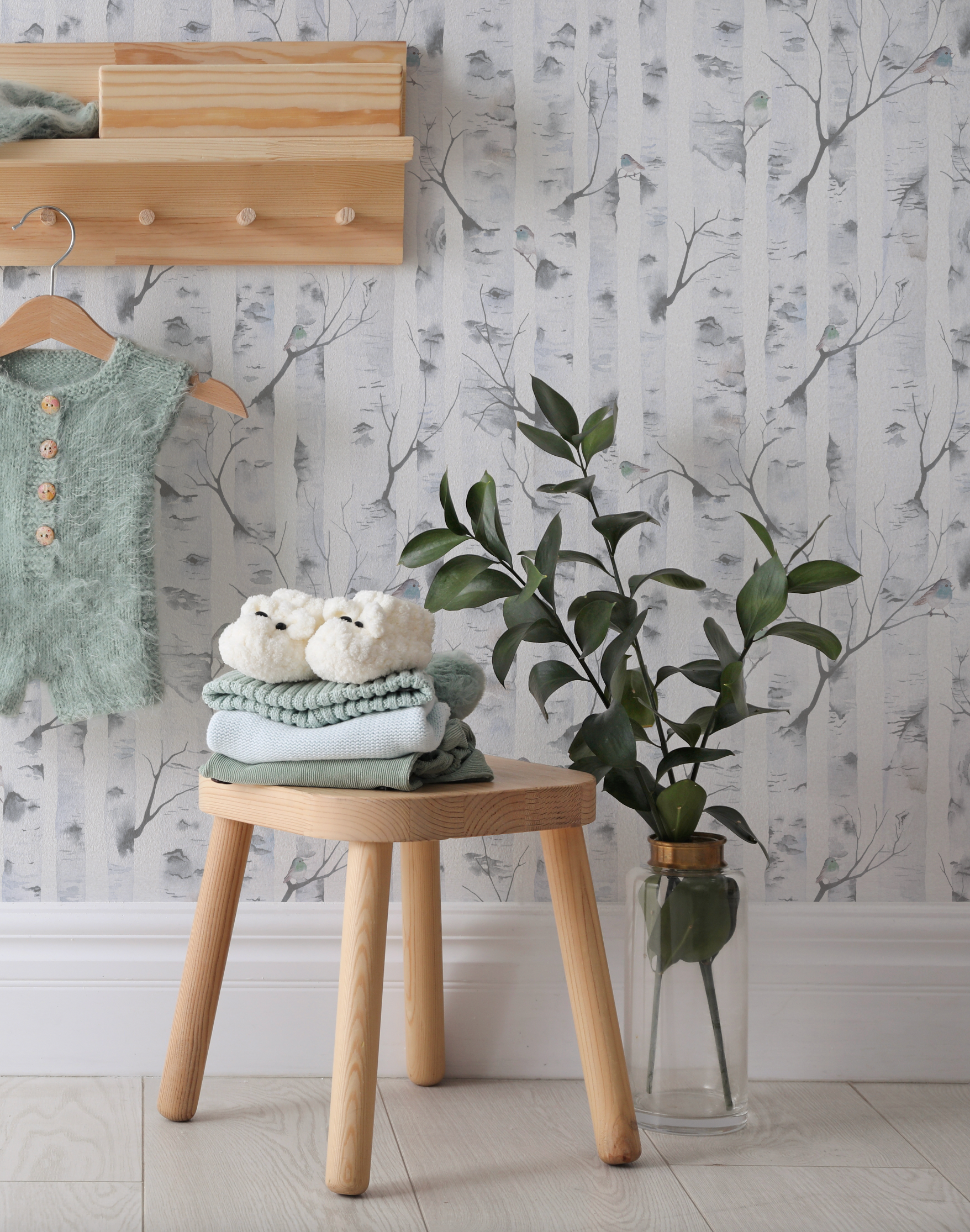 Woodland Birds in Blue Grey Wallpaper