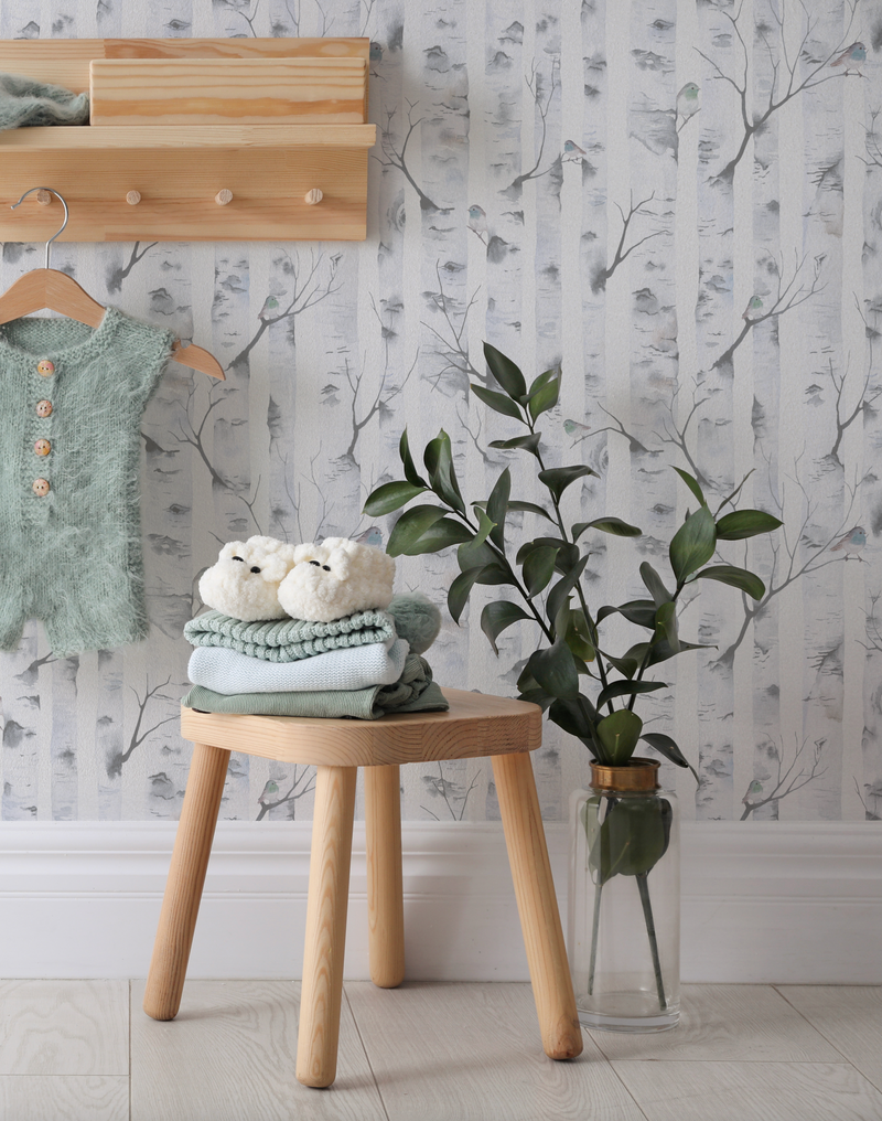 Woodland Birds in Blue Grey Wallpaper from Olive et Oriel where you can shop wallpaper and artworks online