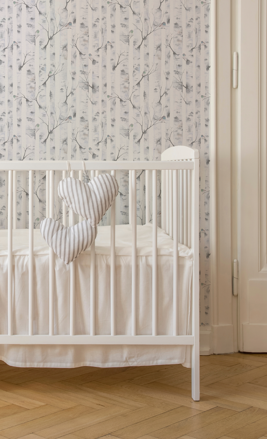 Woodland Birds in Blue Grey Wallpaper from Olive et Oriel where you can shop wallpaper and artworks online