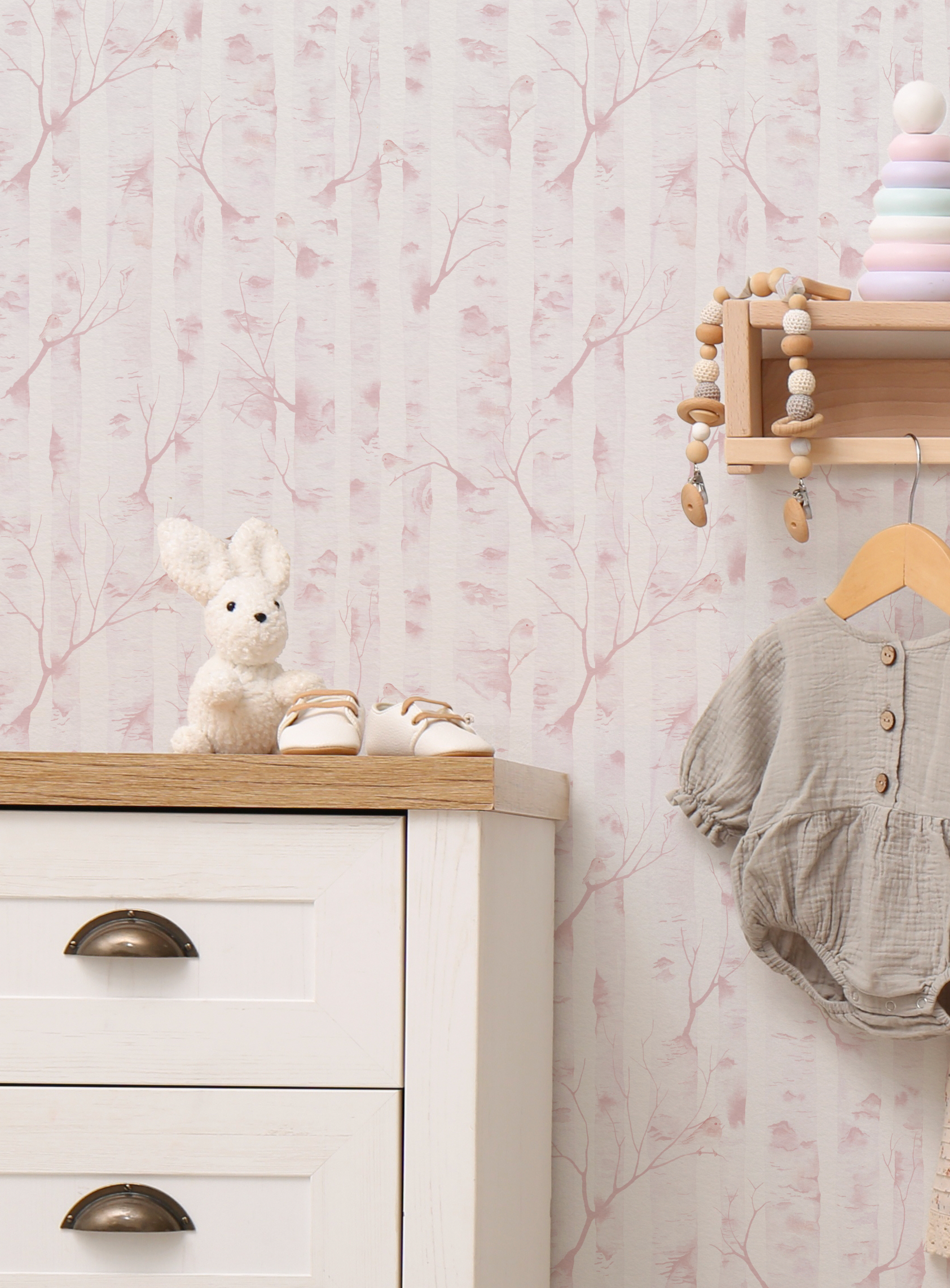 Woodland Birds in Soft Pink Wallpaper