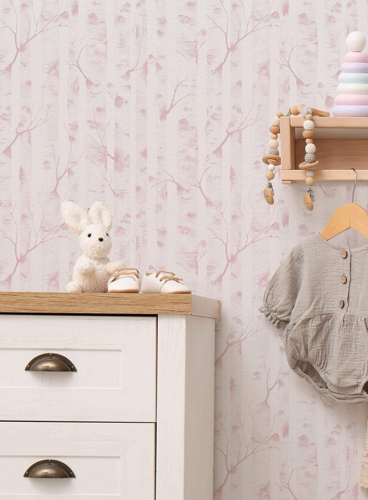 Woodland Birds in Soft Pink Wallpaper from Olive et Oriel where you can shop wallpaper and artworks online