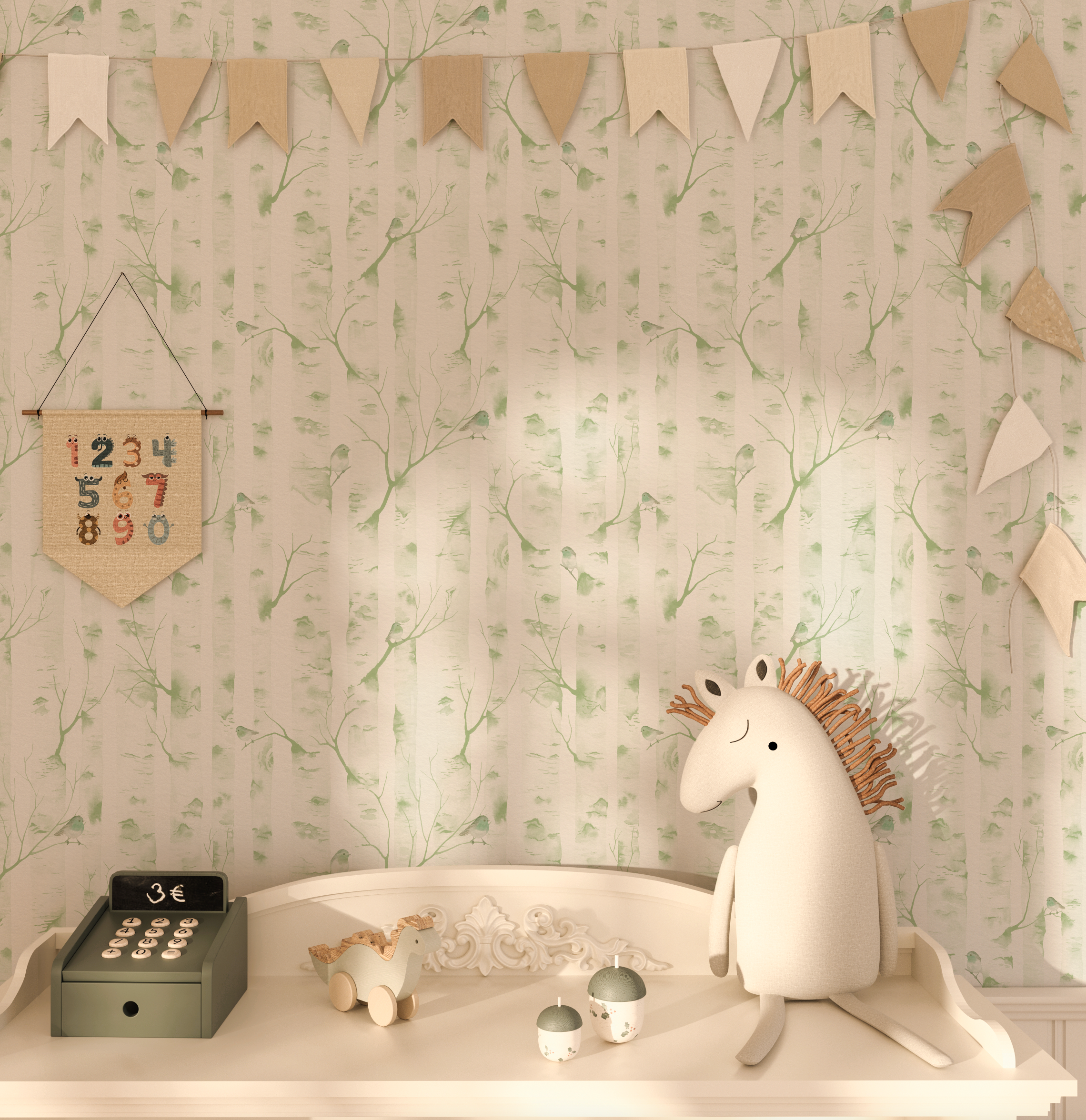 Woodland Birds in Sage Green Wallpaper