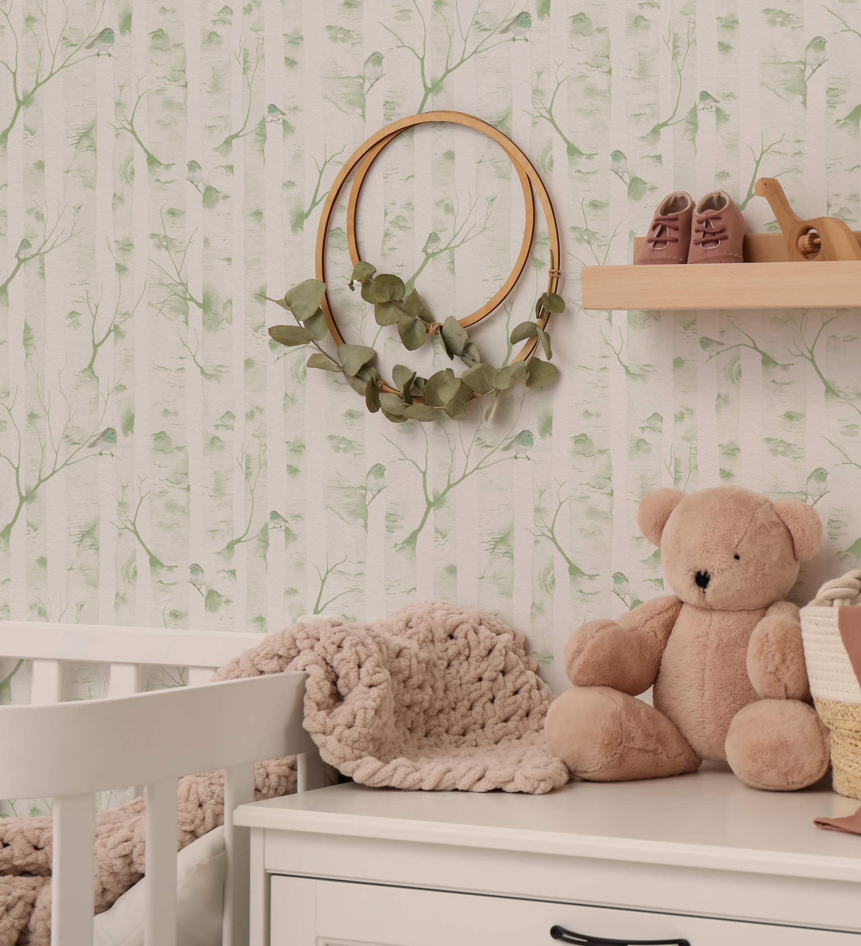 Woodland Birds in Sage Green Wallpaper