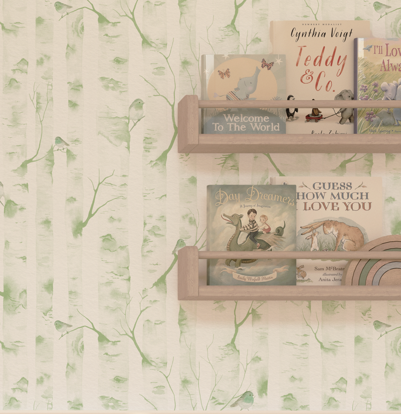 Woodland Birds in Sage Green Wallpaper from Olive et Oriel where you can shop wallpaper and artworks online