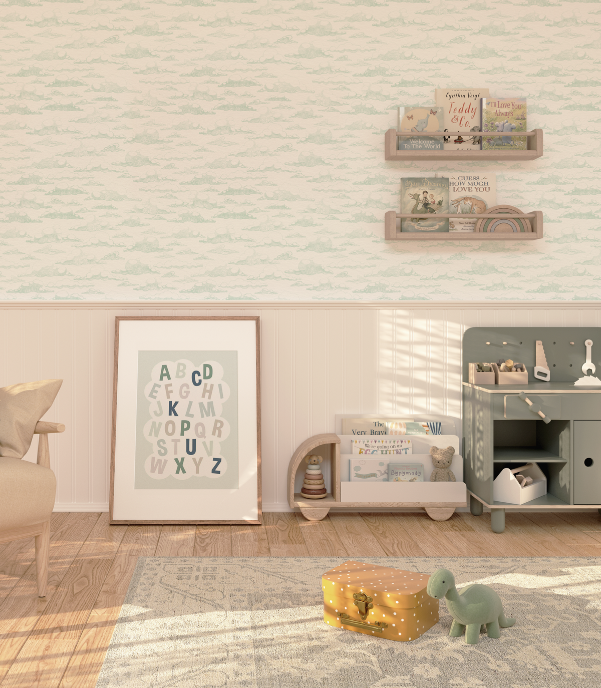 Cloudy Days in Sage Green Wallpaper from Olive et Oriel where you can shop wallpaper and artworks online