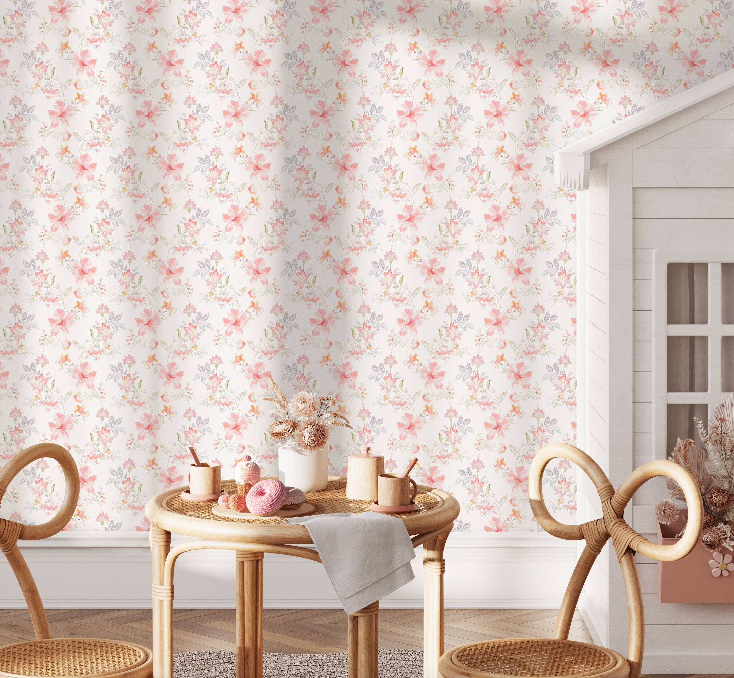 Little Boho Flowers in Soft Orange & Pink Wallpaper