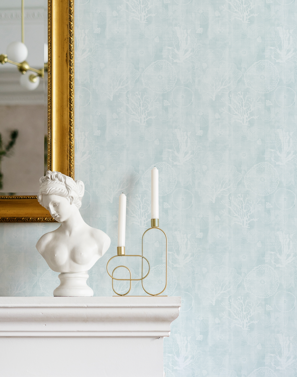 Coastal Coral In Light Blue Wallpaper from Olive et Oriel where you can shop wallpaper and artworks online