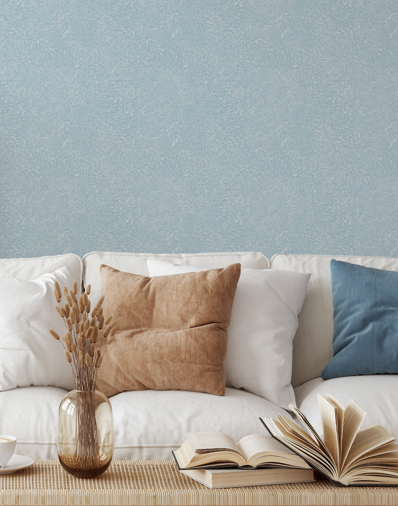 Watercolour Coral in Coastal Blue Wallpaper