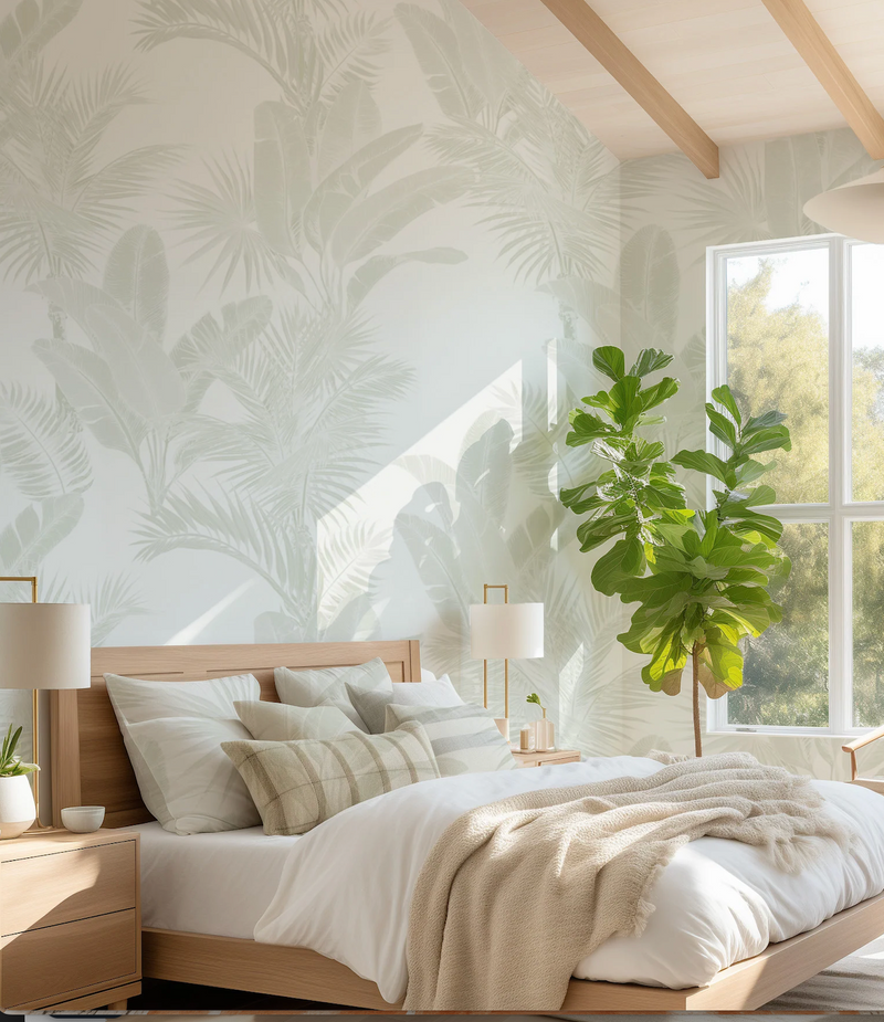 Luxe Tropical in Neutral Wallpaper from Olive et Oriel where you can shop wallpaper and artworks online