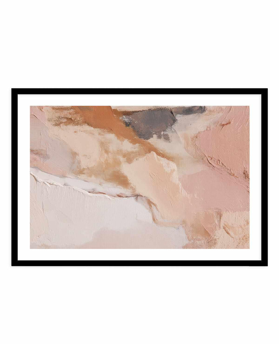 Sculpted Clay I art print in black frame with white border. Abstract painting featuring soft, layered brushstrokes in warm earth tones including dusty rose, cream, tan, and muted brown. Thick impasto texture creates dimensional, organic forms suggesting a landscape or natural formation. Predominantly pale pink and beige tones with darker charcoal and bronze accents in upper portion. Painterly, gestural composition with visible brushwork and paint application throughout.