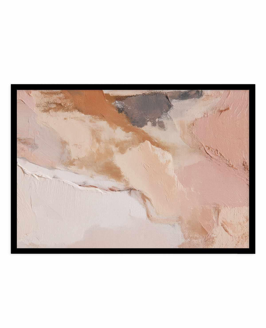 Abstract art print titled "Sculpted Clay I" featuring layered brushstrokes in warm, earthy tones including dusty rose, cream, tan, and warm brown. The composition has a textured, painterly quality with visible brushwork creating depth and movement across the canvas. Darker charcoal and taupe accents appear in the upper portion, contrasting with lighter cream and blush tones throughout. The artwork is displayed in a black frame with a white border, presented in horizontal orientation.