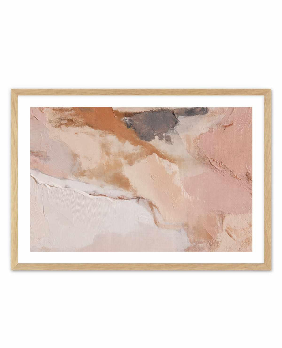 Framed art print titled "Sculpted Clay I" featuring an abstract oil painting with soft, layered brushstrokes in warm earth tones including dusty rose, warm beige, cream, burnt orange, and muted gray. The composition shows organic, cloud-like forms with visible texture and directional brushwork creating depth and movement. The artwork is matted with a white border and housed in a natural wood frame against a plain background.