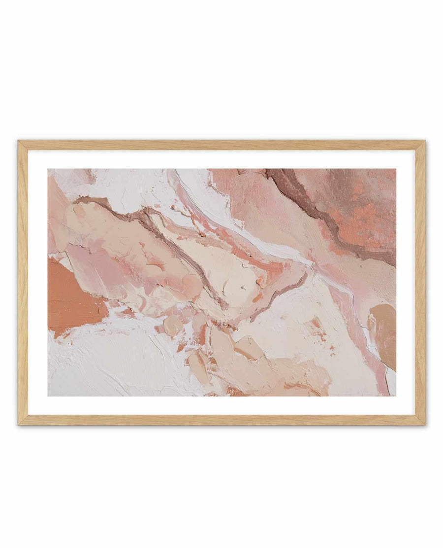 Sculpted Clay III art print in natural wood frame with white border. Abstract painting featuring thick, textured brushstrokes in soft earth tones: cream, dusty rose, warm terracotta, and pale mauve. The composition shows layered, sculptural paint application creating dimensional peaks and valleys across the canvas. Organic flowing patterns suggest natural geological formations or abstract terrain. Matte finish with visible paint texture throughout.