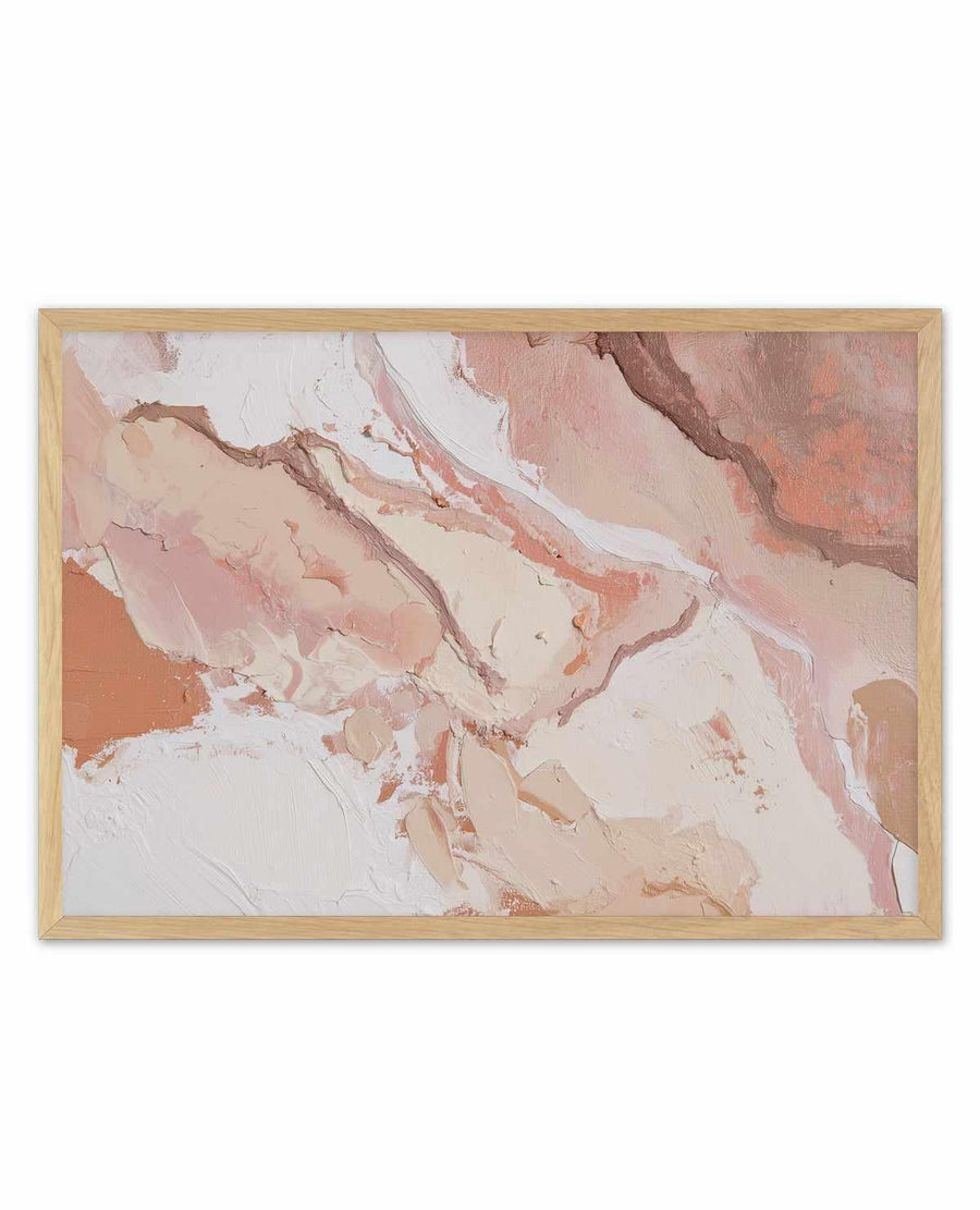 Abstract art print titled "Sculpted Clay III" featuring layered, organic brushstrokes in warm earth tones including dusty rose, terracotta, cream, and soft beige. The composition has a textured, painterly quality with visible brushwork creating depth and movement across the canvas. The artwork is framed in a natural wood frame with a light finish, displayed against a white background.