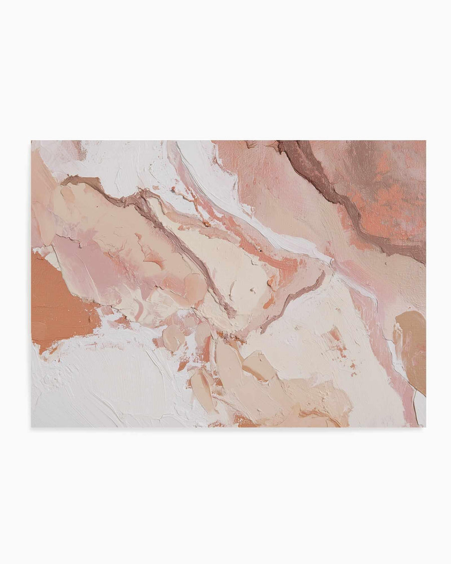 Abstract art print titled Sculpted Clay III featuring layered, textured brushstrokes in warm earth tones including dusty rose, terracotta, cream, and taupe. The composition shows organic, flowing forms with visible paint texture and overlapping gestural marks creating depth and movement. The artwork appears unframed on a white background.